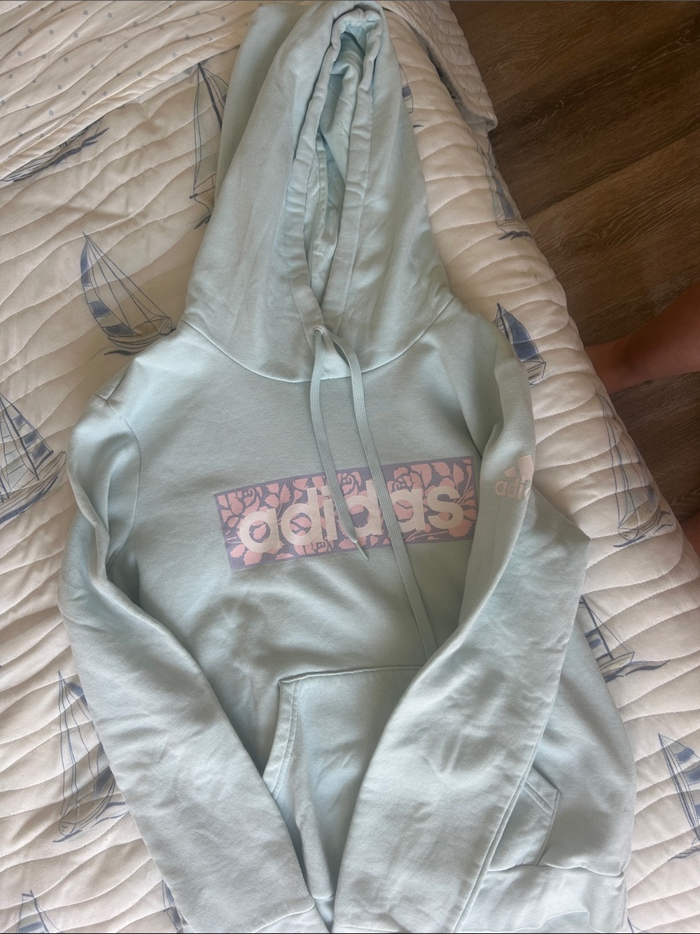 adidas Mint Green Hoodie with Pink Floral Logo